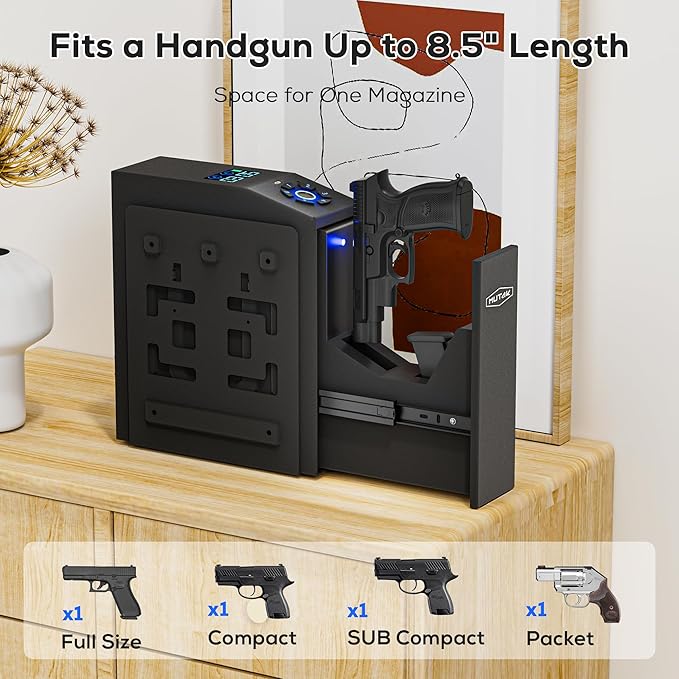 Biometric Gun Safe for Handgun with LCD Screen for Nightstand, Desk, Bed Side,Truck - Auto Sliding Door Hand Gun Safe for Pistol with APP/Fingerprint/PIN Code/KEY - Image 4