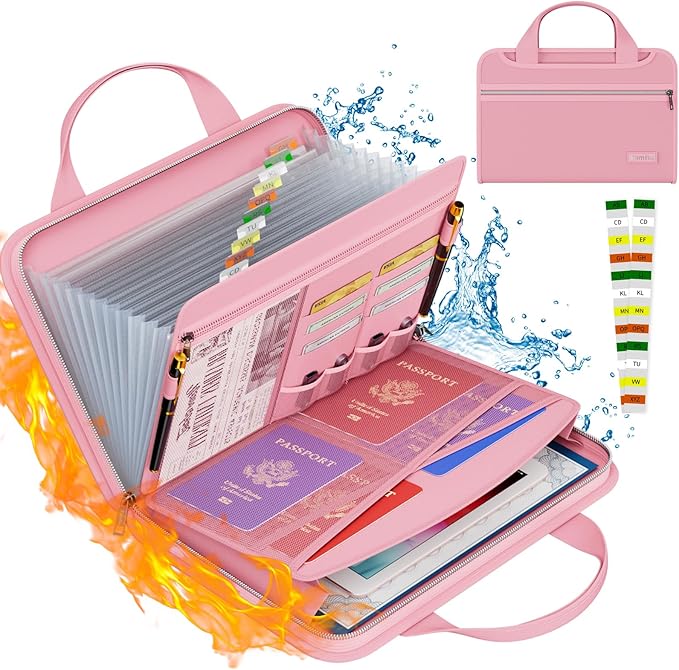 Tamfile Fireproof Accordion File Organizer with Handle, 13 Pocket Expanding File Folder with Zipper & Labels, File Folder with Multi-Pockets Paper Organizer Folder for Letter A4 Files, Pink by Tamfile