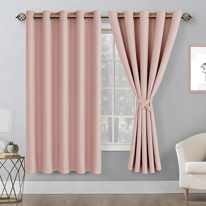 Hiasan Blackout Curtains for Bedroom, 60 x 63 Inches Length - Thermal Insulated Noise reducing Window Curtains for Living Room, 2 Drape Panels Sewn with Tiebacks, Blush - Image 2