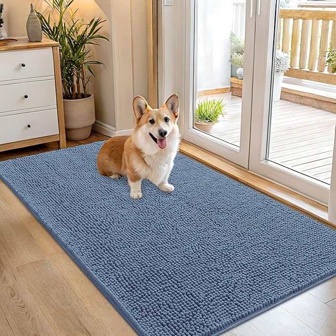 OLANLY Dog Door Mat for Muddy Paws 54x32, Absorbs Moisture and Dirt, Absorbent Non-Slip Washable Doormat, Quick Dry Chenille Mud Mat for Dogs, Entry Indoor Entryway Carpet for Inside Floor, Airy Blue by OLANLY