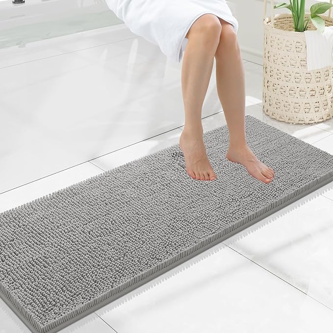 Smiry Luxury Chenille Bathroom Rugs 47x17, Extra Soft and Absorbent Shaggy Bath Mat, Machine Washable, Non-Slip Plush Carpet Runner for Tub, Shower, and Floor, Home Decor Accessories, Light Grey by Smiry