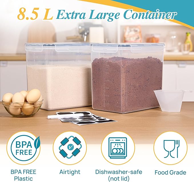 Vtopmart 8.5L 2 Pack Extra Large Flour Sugar Storage Containers for 20lbs flour, Airtight Kitchen Pantry Organization Canisters with Lids for Bulk food, Rice, Baking Supplies, BPA Free, Black - Image 3