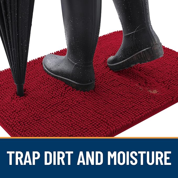 OLANLY Dog Door Mat for Muddy Paws 70x32, Absorbs Moisture and Dirt, Absorbent Non-Slip Washable Doormat, Quick Dry Chenille Mud Mat for Dogs, Entry Indoor Entryway Carpet for Inside Floor, Red - Image 2