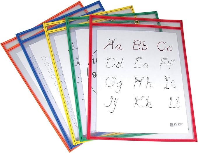 C-Line Reusable Dry Erase Pockets, 9 x 12 Inches, Assorted Primary Colors, 5 Pockets per Pack (40630) (Pack of 3) - Image 2