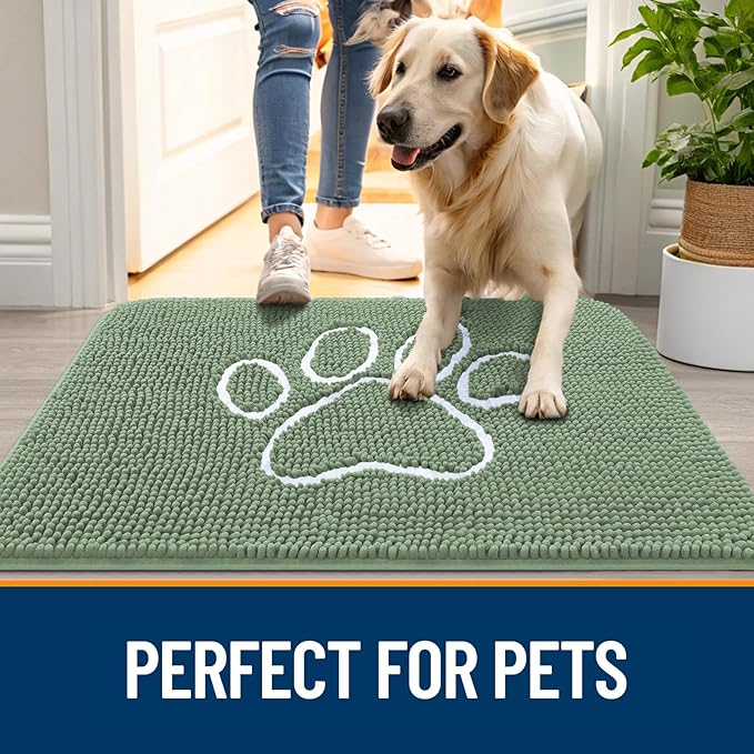 OLANLY Dog Door Mat for Muddy Paws 24x16, Paw Print Design, Absorbs Moisture and Dirt, Non-Slip Washable Doormat, Quick Dry Chenille Mud Mat, Entry Indoor Entryway Carpet, Olive Green and White - Image 6