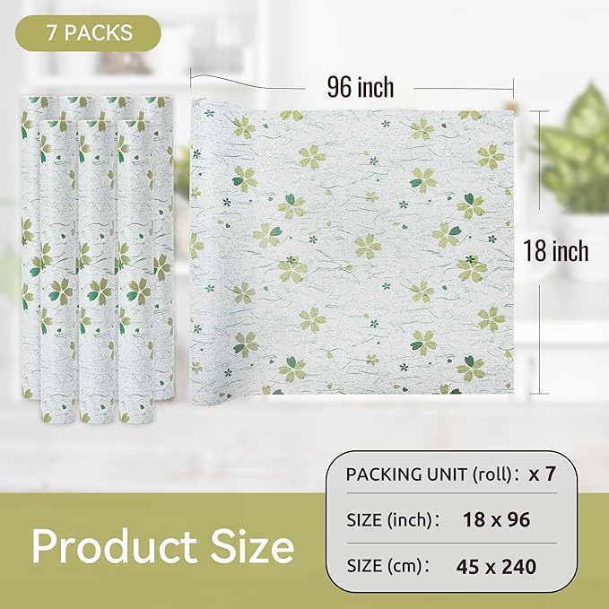 FIFTY FEET 18"x96" Non-Adhesive Shelf Liner for Kitchen Cabinets and Drawers, Washable Non-Slip PVC Cabinet Liner (Green Floral)(7 Roll) - Image 5