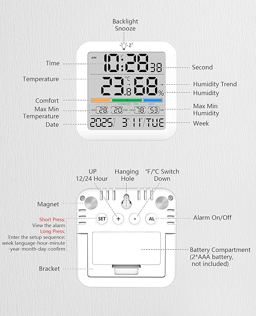 Mini Digital Indoor Thermometer Hygrometer Clock, Room Temperature Humidity Monitor with Calibration, Backlight, Air Comfort Indicator, 24H Max Min Record, Time, Alarm for Home, School - Image 8