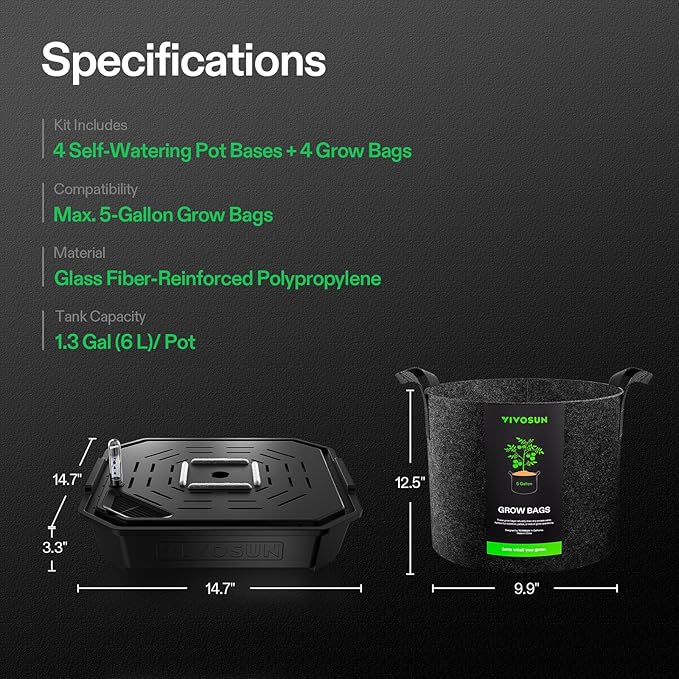 VIVOSUN 4-Pack FlexFeed Self-Watering Pots with Grow Bags, Auto Irrigation Fabric Pot Base with Water Meter & Maintenance Window, for Use Indoors/Outdoors in Grow Tents, Greenhouses, Gardens - Image 9