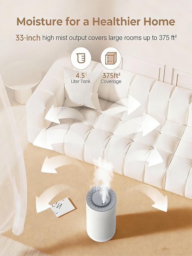 Bedroom Humidifier, 4.5L Cool Mist with Essential Oil Diffuser, 45H Runtime, Quiet Ultrasonic for Home, Large Room, Baby Nursery and Plants, 360 Nozzle - Image 8