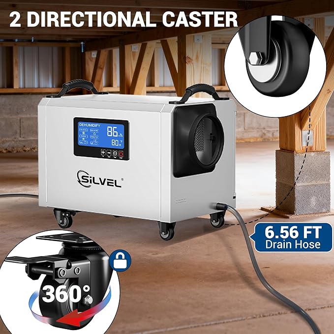 SILVEL 145 Pint Dehumidifier with Drain Hose, Commercial Compact Dehumidifier for Crawl Spaces, Basements, Industry Water Damage Unit, Large Capacity, Portable, Up to 6000 Sq.Ft, White - Image 4
