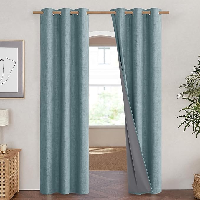 NICETOWN 100% Absolutely Blackout Linen Curtains with Thermal Insulated White Liner, Skylark Blue, 42 inches Wide, 84 inches Length Energy Saving Curtains for Living Room 2 Panels Set, Vertical Blinds - Image 2
