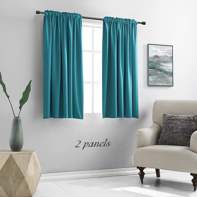 DONREN Teal Rod Pocket Blackout Curtain Drapes for Kitchen - Window Treatment Energy Saving Solid Curtains (42 by 45 Inches,2 Panels) - Image 2