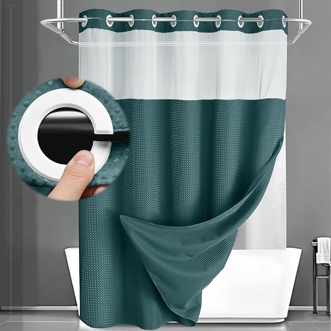 No Hook Shower Curtain and Liner Set,Seaweed Green Hotel Waffle Shower Curtain with Liner 75" L x 72" W by Unknown