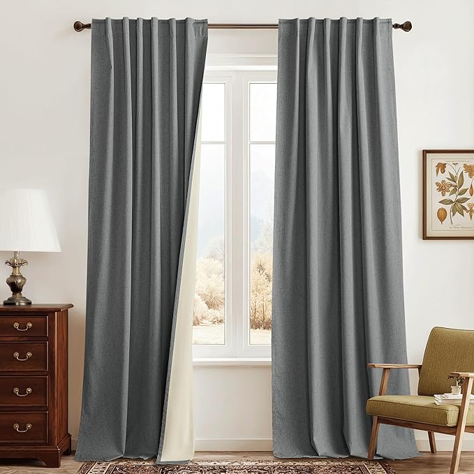RYB HOME Grey Linen Blackout Curtains for Sliding Glass Door, 100% Blackout Linen Textured Thermal Privacy Modern Drape Panels for Dining Room Large Window, 52" W x 90" L, 2 Panels Set by RYBHOME