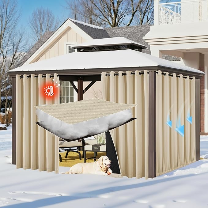 RYB HOME Outdoor Thermal Insulated Fade-Resistant Blackout Curtains 84 inches Long with Cotton Interlining for Winter, Waterproof Curtains for Patio Bedroom, W 52 x L 84, Biscotti Beige, 2 Panels by RYBHOME