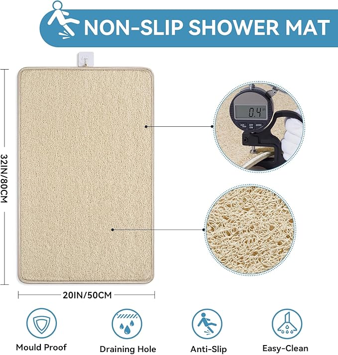 Non Slip Shower Mat Bathtub Mat 20x32 Inch, Quick Dry Bath Mat with Drain, Soft PVC Imitation Loofah Foot Scrubber Bath Mats for Bathroom Tub Shower Floor, Hangable & Hook Included, Beige - Image 3