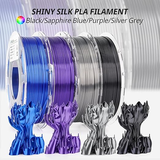 AMOLEN Silk 3D Printer Filament Bundle, PLA Filament 1.75mm Pack, Shiny 3D Printing Filament for Most FDM 3D Printer, Black, Purple, Silver Grey, Sapphire Blue, 200g X 4 - Image 2