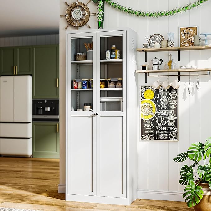 Metal Pantry Cabinet with Doors and 5 Adjustable Shelves, 72" Tall Kitchen Cupboard Storage Cabinets for Kitchen Dining Room Living Room Bathroom,Assembly Required (White) by EKJOfficials