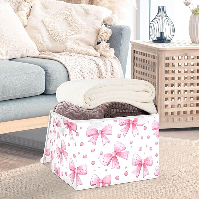 xigua Bows and Polka Dots Storage Bins with Lids and Carrying Handle,Foldable Storage Boxes Organizer Containers Baskets Cube with Cover for Home Bedroom Closet Office - Image 5