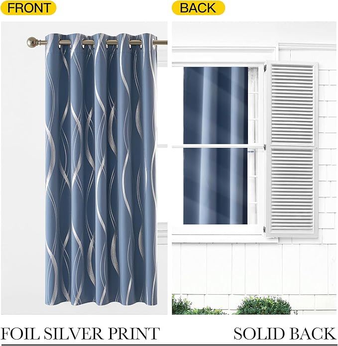 NICETOWN Stone Blue Blackout Living Room Curtain Panels 84 inch Long, W66 x L84, Noise Reducing Thermal Insulated Wave Line Foil Print Design Drapes for Patio Sliding Glass Door, 2 Panels - Image 5