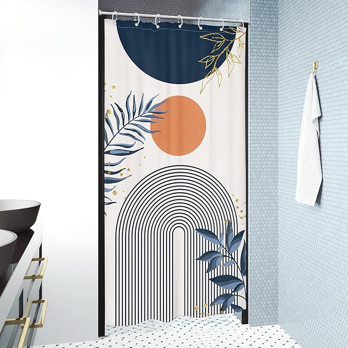 Small Stall Boho Shower Curtain 36Wx72H Navy Blue Modern Bohemian Mid Century Gold Leaves Orange Minimalist Geometric Bathroom Decor Half Narrow Bath Curtain Fabric Polyester 7 Pack Hooks - Image 3