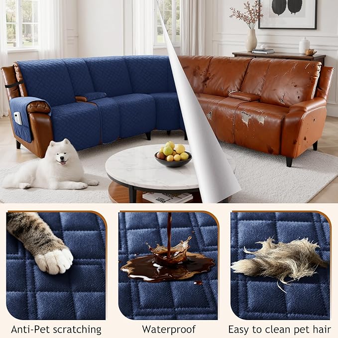 Arfntevss Waterproof Recliner Sectional Couch Covers for Reclining L Shape Sofa Cover Non Slip Washable L Shaped Slipcover Set for Dog Furniture Protector (5 Seat with 2 Console Cover, Midnight Blue) - Image 6
