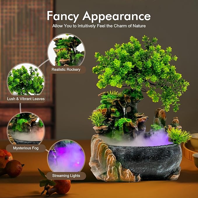 Tabletop Rockery Fountain Indoor Waterfall Bonsai Desktop Mini Rockery Water Fountain with Automatic Pump and LED Light, Home Office Bedroom Humidifier Desk Decorate (Style 1) - Image 7
