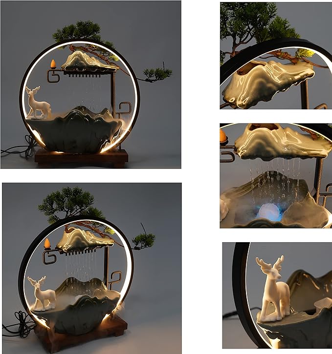 15In Water Fountains Indoor Tabletop Waterfall Humidifier with LED Light and Atomizer Mist, Japanese Zen Decor Meditation Fake Plants Bonsai Feng Shui Decor Festival Birthday surprise Good Luck Wealth - Image 3