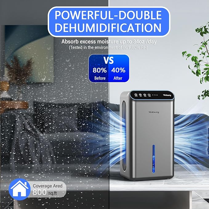 Dehumidifier for Basement (85 OZ, 800 sq ft) Quiet Dehumidifiers for Home, Auto Shut-Off, Sleep Mode, 3 Gear Timer(8H,16H,24H), Small Dehumidifier for Bedroom, Bathroom with Drain Hose (Deep Sliver) - Image 3