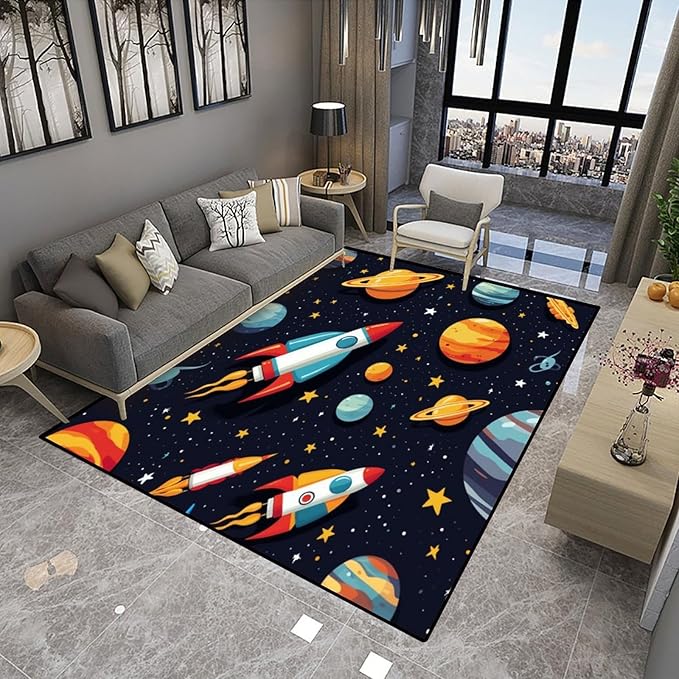 Shag Carpet, Rocket and Planet Pattern Printing Anti-Slip Backing Area Rugs Stain Resistant Washable Accent Rugs Non Shedding Floor Carpet for Living Room Bedroom, 78 x 120 Inch - Image 4