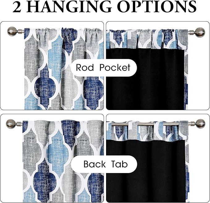 Beauoop 100% Blackout Curtains 96 Inches Long 2 Panels for Bedroom Living Room Blue Grey Moroccan Geo Room Darkening Thermal Insulated Soundproof Rod Pocket Back Tab Window Treatments Drapes, 50x96 - Image 2