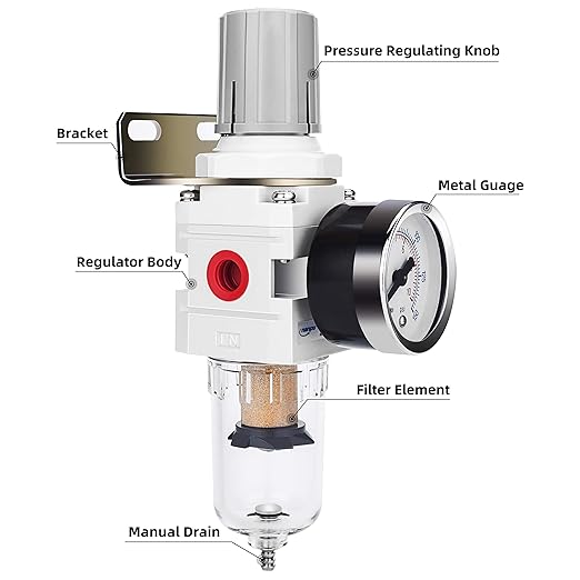 NANPU 1/4" NPT Compressed Air Filter Regulator Combo Piggyback, 5 Micron Brass Element, Poly Bowl, Semi-Auto Drain, Metal Bracket, 0-150 psi Gauge - Image 2