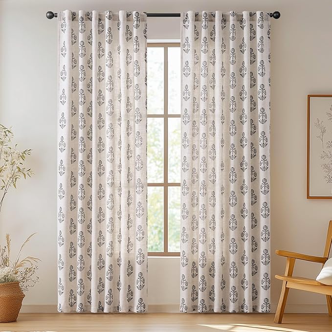 jinchan Linen Floral Curtains for Living Room 84 Inch Length Black Flower Cottage Core Farmhouse Curtains Rod Pocket Back Tab Boho Semi Sheer Window Drapes Bedroom Set 2 Panels Black on Beige - Image 2