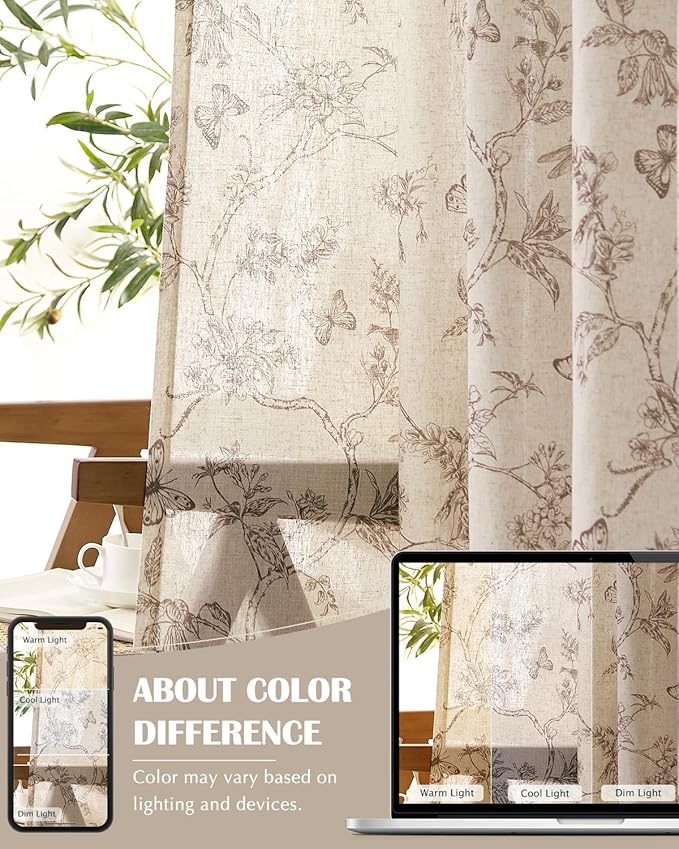 jinchan Floral Linen Curtains for Living Room 84 Inch Length Butterfly Curtain Taupe Floral Curtains French Country Farmhouse Curtain Flower Patterned Drapes Window Treatment Set 2 Panels - Image 7