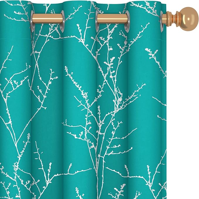 Deconovo Blackout Curtains, Thermal Insulated Soundproof Drapes with Tree Foil Print, 42 x 63 Inch, Set of 2, Machine Washable Window Curtain for Bedroom Living Room Nursery Kitchen Office, Turquoise by Deconovo