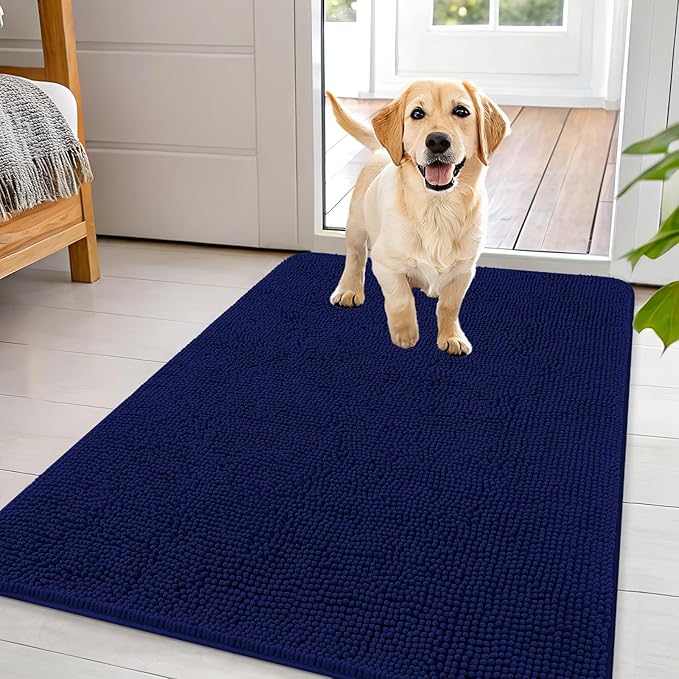OLANLY Dog Door Mat for Muddy Paws 44x32, Absorbs Moisture and Dirt, Absorbent Non-Slip Washable Doormat, Quick Dry Chenille Mud Mat for Dogs, Entry Indoor Entryway Carpet for Inside Floor, Navy Blue by OLANLY