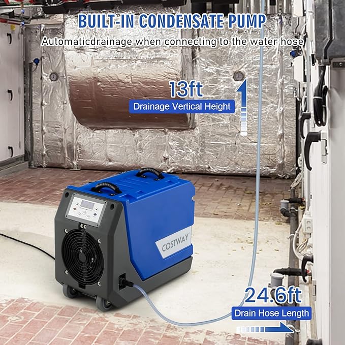 COSTWAY 180 PPD Crawl Space Dehumidifier with Pump, 24.6 Ft Drain Hose, Auto Defrost & Memory Function, 6,000 Sq. Ft Commercial Dehumidifier for Basement, Warehouse, Job Site, Water Damage Restoration - Image 3
