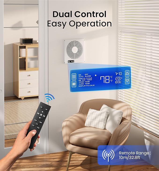 8" Room to Room Ventilation Fan with Remote, Quiet Reversible Through the Wall Air Transfer Fan, 10-Speed Smart Exhaust Vent, Temperature Control, ETL Certified for Bedroom, Kitchen, Laundry - Image 2