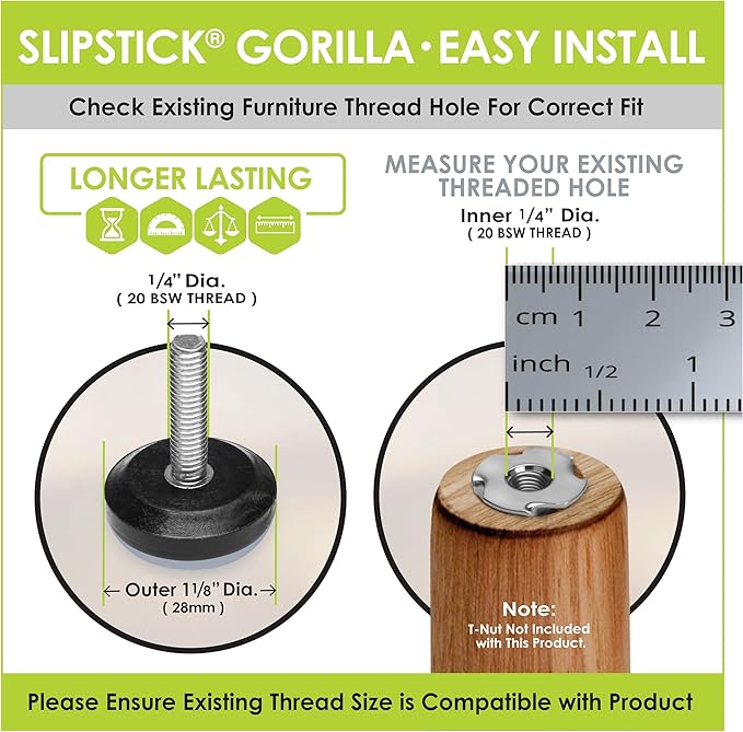 Slipstick Gorilla Outdoor Adjustable Furniture Levelers (8 Pack) Weatherproof Screw in Leg Glides for Chairs, Tables, and Outdoor Furniture Feet, 1-1/8 Inch Slider Glide, 1/4"-20 BSW Thread - Image 4