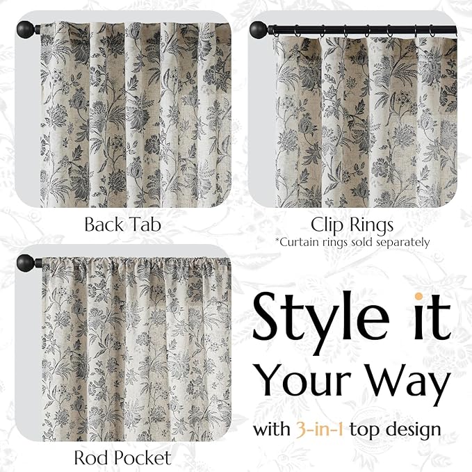 jinchan Linen Floral Curtains for Living Room with Printed Flower 96 Inches Long Light Filtering French Country Back Tab Rod Pocket Black Window Curtain Set Farmhouse Drapes 2 Panels Black - Image 5