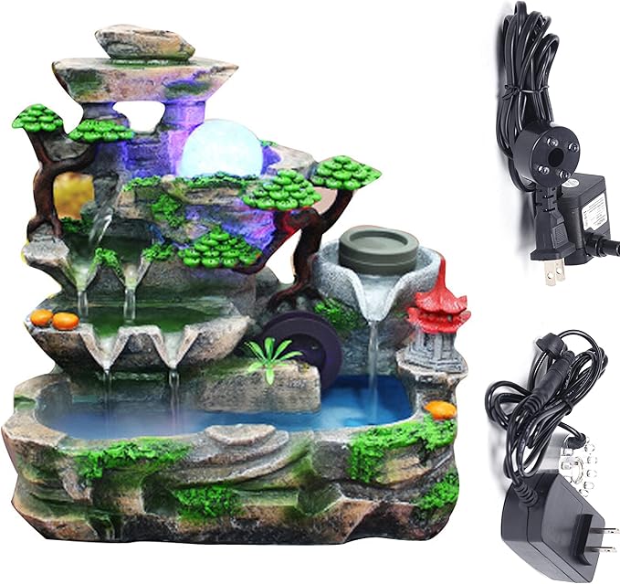 Creative Tabletop Water Fountain with LED Light & Atomizer, Indoor Waterfall Home Decor Best Festival Birthday Gift for/Boys, 10Inch Desktop Small Mini Size, Stream Rock Cavern Falls Bonsai by kunghei