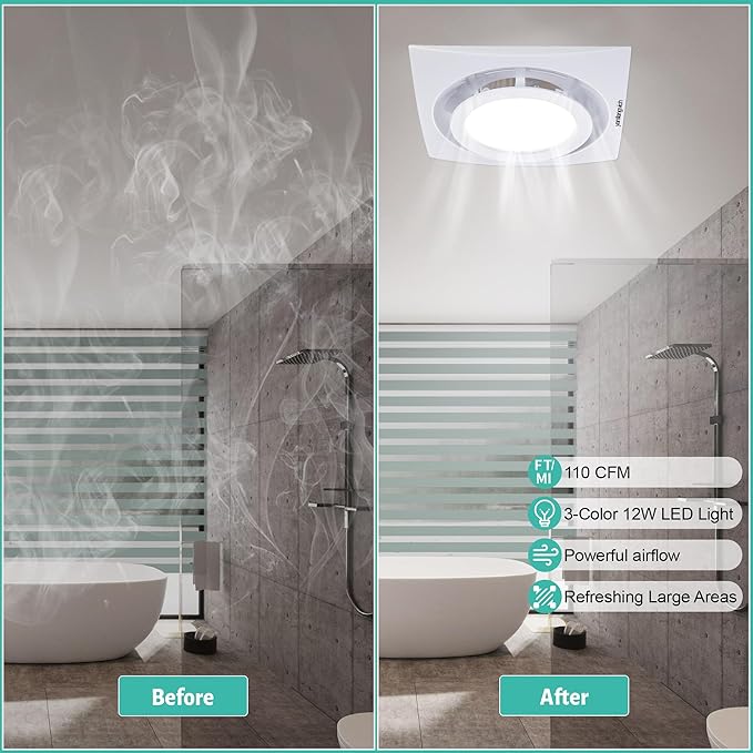 Bathroom Exhaust Fan with Light, 3000K/4500K/6000K Selectable, 110 CFM 1.0 Sones Bathroom Ventilation Fan, 8inch Exhaust Fans For Ceiling Mount with Efficient Air Circulation, Odor Elimination - Image 2