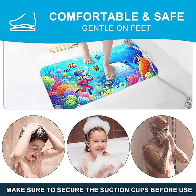 XIYUNTE Baby Bath Mat for Tub Non Slip Kids Bath Mat - 40''x16'' Extra Long Cartoon Bathtub Mat Non Slip Kids Shower Mat Eco-Friendly Toddler Bath Mats with Suction Cups, Machine Washable - Image 7