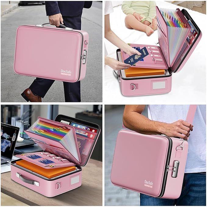 DocSafe Fireproof Document Box with Lock, Hard Case File Organizer with Accordion File Folder, Fireproof Water Resistant Safe Box Home Office Travel Storage for Important Documents Laptop Pink - Image 7