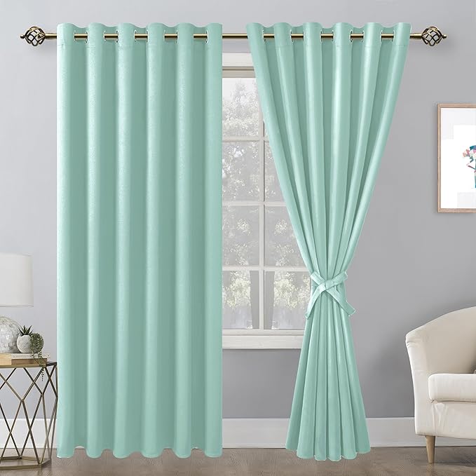 Hiasan Room Darkening Curtains for Bedroom, 70 x 84 Inches - Thermal Insulated & Energy Saving Window Drapes for Living Room/Dorm Room, Set of 2 Panels Sewn with Tiebacks, Aqua - Image 6