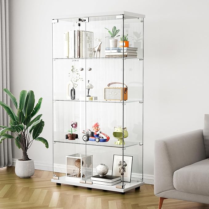 Yoluckea 4 Shelves Glass Display Cabinet with 2 Doors, Floor Standing Clear Glass Curio Cabinet Collection Display Case for Living Room Bedroom 64.56” x 31.69” x 14.37” White - Image 4