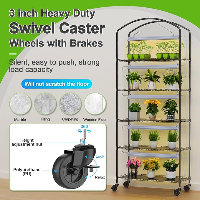 Abimars 5-Tier Greenhouse with Grow Light, Shelf Height Adjustable Metal Plant Shelf with PVC Cover and Wheels, Includes 5-Pack 2900K Full Spectrum Plant Lights, 13x29x73inch - Image 5
