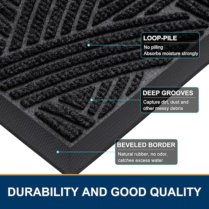 Smiry Front Door Mat Outside Entrance, Heavy Duty Sturdy Natural Rubber Doormat, Trap Dirt and Moisture, Easy Clean Low Profile Mats for Indoor Outdoor Entry, Interwoven Stripes 29.5x17, Black - Image 4