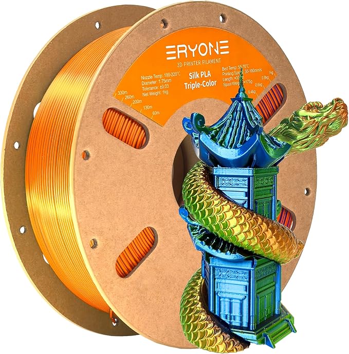 ERYONE Silk Tri Color PLA Filament 3D Printer 1.75mm +/- 0.03mm, Multicolor Filament Tricolor PLA 1KG(2.2lbs) Cardboard Spool, Orange Blue Green by ERYONE