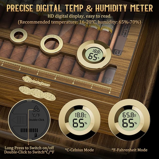 Cigar Humidor, Glass Top Desktop Cigars Case with Digital Hygrometer, Humidifier, Cigar Accessories Drawer and Measuring Scale, Cigars Humidors Box for Men Gift - Image 7